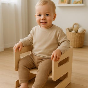 Montessori 3 in1 Wooden Cube Chair: Toddler Chair, Step Stool, Table |Adjustable Kids&#39; Chair |Multi-Functional Kids&#39; Armchair |Natural wood