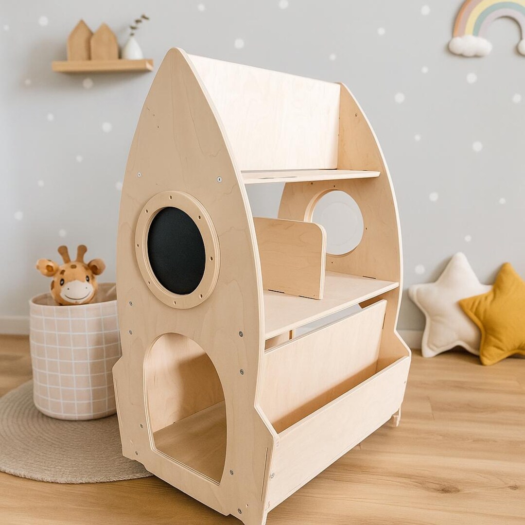 Wooden Rolling Rocket Rack for Kids Book and Toys - Etsy