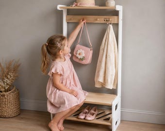 Kindergarderobe | Montessori-Kleiderständer für Kleinkinder mit Schuhbank, aus Holz oder weiß
