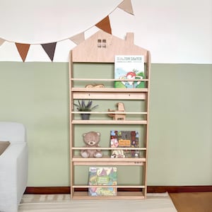 Duży regał ścienny Montessori/ Duży drewniany regał otwarty z czterema poziomami/ Przechowywanie książek do pokoju dziecięcego/ Kącik czytelniczy dla maluchów