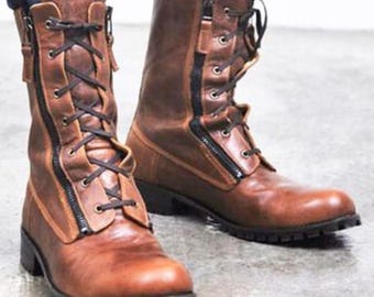 Rogue Studs Men's Brown Leather Combat Boots Ankle High | Men Classic Zipper and Lace Up Handmade Leather Boots Military Style