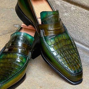 Rogue Studs Men’s Green Alligator Print Leather Moccasins | Luxury Slip-On Loafers for Formal & Casual Wear