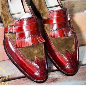 Rogue Studs Men’s Leather and Suede Slip-On Shoes with Fringes | Handmade Loafers | Formal Dress Shoes for Men Wedding and Party Shoes