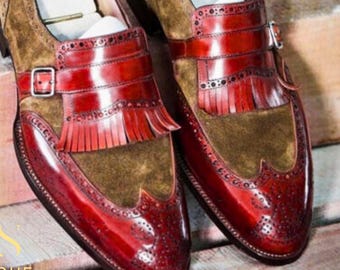 Rogue Studs Men’s Leather and Suede Slip-On Shoes with Fringes | Handmade Loafers | Formal Dress Shoes for Men Wedding and Party Shoes