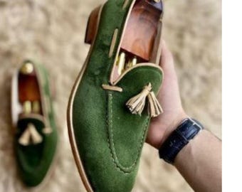 Rogue Studs Mens Suede Slip-On Loafers | Casual Green Dress Shoe with Tassels For Wedding and Party Wear | Men Handmade Suede Shoes