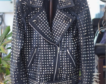 Rogue Nieten Nieten Leder Bikerjacke | Handgemachte Punk Rock Motorradmantel Silber Spiked und Nieten | Handgefertigte Nieten Lederjacke