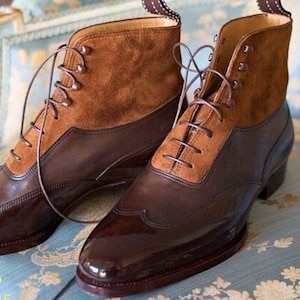 Bottes faites main en cuir et en daim bicolores Rogue Studs pour hommes | Bottes habillées marron à lacets | Bottines vintage de style italien