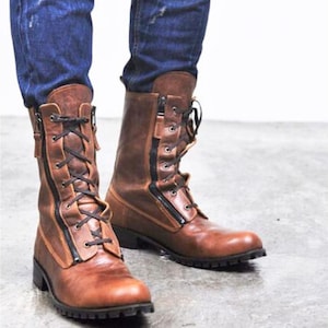 Rogue Studs Leather Boots for Men, Ankle Combat Military Boots, Street wear Boots Men Brown Round toe Casual Party Lace up Riding Boots
