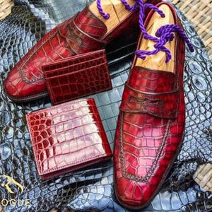 Rogue Studs Men’s Maroon Alligator Print Leather Moccasins | Luxury Slip-On Loafers for Formal & Casual Wear | Handmade Leather Shoes Mens