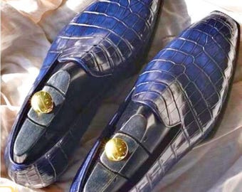Rogue Studs Men’s Blue Alligator Print Leather Moccasins | Luxury Slip-On Loafers for Formal & Casual Wear | Handmade Leather Shoes