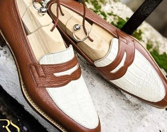 Rogue Studs Men’s Alligator Leather Moccasins | Luxury Slip-On Loafers for Formal & Casual Wear | Men Handmade Boat Shoes Penny Style