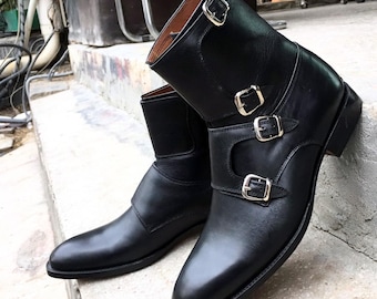 Handmade Leather Monk Strap Boots: Rogue Studs, Almond Toe