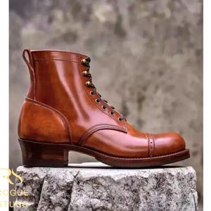 Rogue Studs Handmade Men’s Brown Leather Boots – Cap Toe Lace-Up Boots, Custom Fit Artisan Footwear