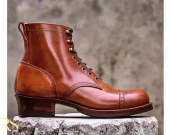 Rogue Studs Handmade Men’s Brown Leather Boots – Cap Toe Lace-Up Boots, Custom Fit Artisan Footwear