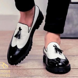 Handmade Leather Wingtip Brogue Shoes | Black and White Oxford Dress Shoes