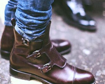 Rogue Studs Handmade Leather Monk Strap Boots | Formal Brown Dress Boots All Sizes | Mens Formal Brown Strap Boots for Casual Party