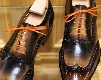 Men’s Two-Tone Wingtip Oxford Shoes | Handmade Leather Brogue Dress Shoes with Orange Laces
