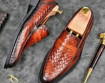 Rogue Studs Leather Shoes for Men, Dress Woven Leather Shoes Mens Brown Formal Shoes Wedding Party Shoe Premium Leather Slip-on Casual Shoes
