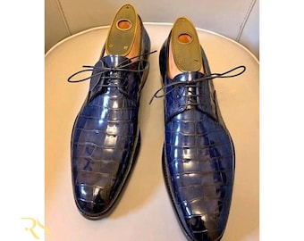 Rogue Studs Handmade Blue Croc Embossed Leather Oxford Shoes for Men • Luxury Glossy Dress • Handmade Footwear • Wedding & Business Oxfords