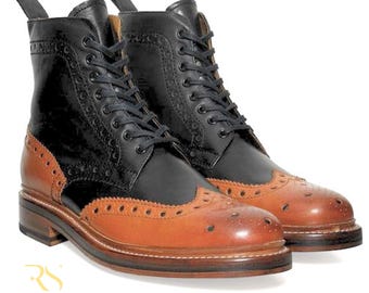 Handgemaakte tweekleurige leren brogueschoenen voor heren | Oxford vleugeltip veterschoenen | Enkellaarsjes in vintagestijl