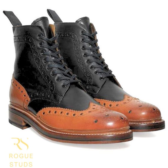 Brown Wingtip Brogue Boots with Two-Tone Design Men Wingtip Brogue Two Tone Lace Boots For , Ankle Leather  main image 4
