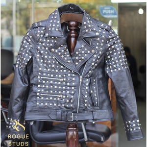 Rogue Studs Womens Studded Leather Jacket Black Punk Rock Biker Jacket Handmade Gothic Motorcycle Coat Long Spiked and Belted Leather Jacket