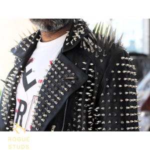 Studded Black Leather Biker Jacket: Handmade Punk Rock Motorcycle Coat