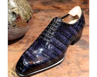 Rogue Studs Handmade Gray Croc Embossed Leather Oxford Shoes • Men’s Luxury Dress Shoes • Formal Men Shoes • Elegant Wedding Shoe for Mens
