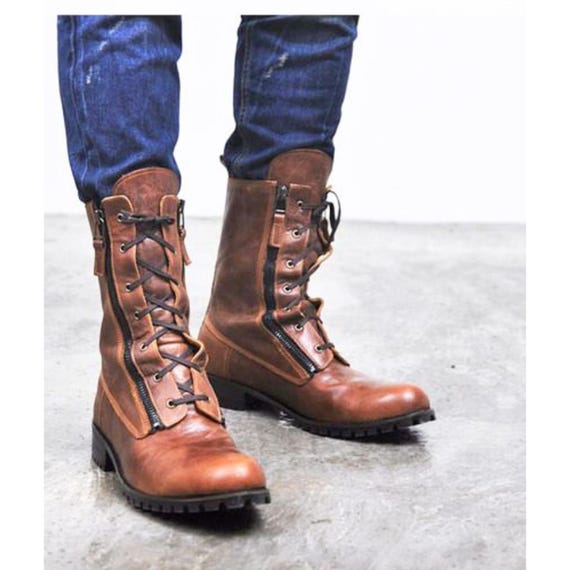 Rogue - Lace Up Leather Boots in Dark Brown Rogue Studs Handmade Men main image 3