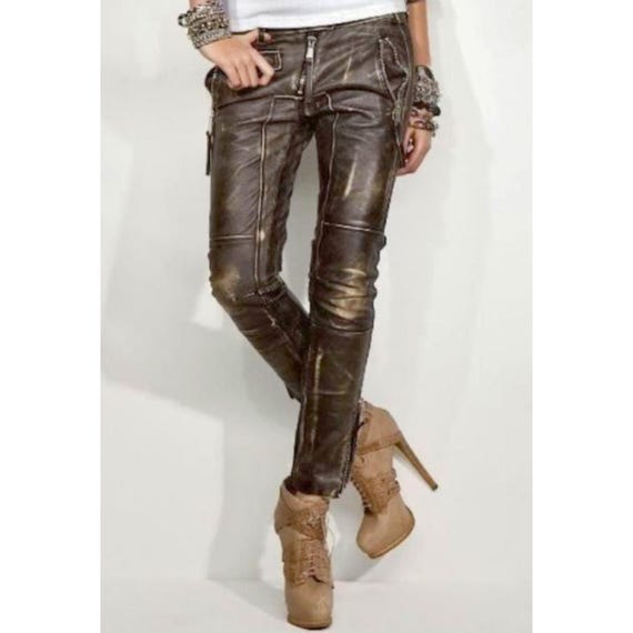 Rogue Studs Womens Vintage Brown Riding Leather Pants | Rugged and Bold Brown Leather Pants for Women | Handmade Leather Pants Jeans Chic