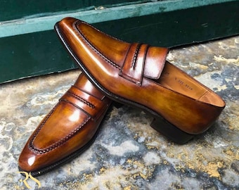 Men's Woven Leather Slip-On Shoes: Brown Penny Loafers