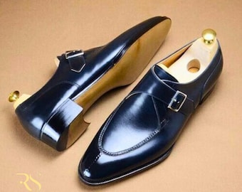 Rogue Studs Leather Shoes for Men, Buckle Dress Shoes Mens Blue Formal Shoes Wedding Party Shoes Premium Leather Monk Strap Casual Shoes