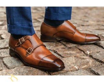 Rogue Studs Leather Shoes for Men, Dress Monk Shoes Mens Brown Formal Shoes Wedding Party Shoes Premium Leather Monk Buckles Casual Shoes