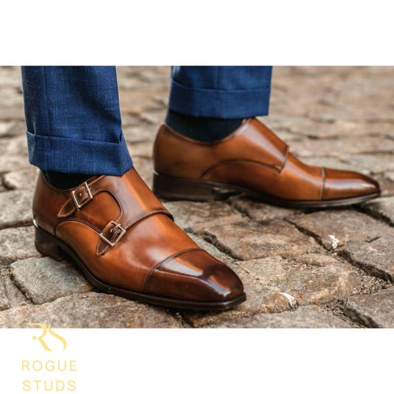 Rogue Studs Leather Shoes for Men, Dress Monk Shoes Mens Brown Formal Shoes Wedding Party Shoes Premium Leather Monk Buckles Casual Shoes