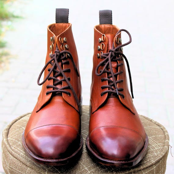 boots for men formal dress Rogue Studs Leather Ankle Combat Business Boots Boots Men Brown Almond toe Casual Party Laces riding Boots Shaded Collection::Shop All