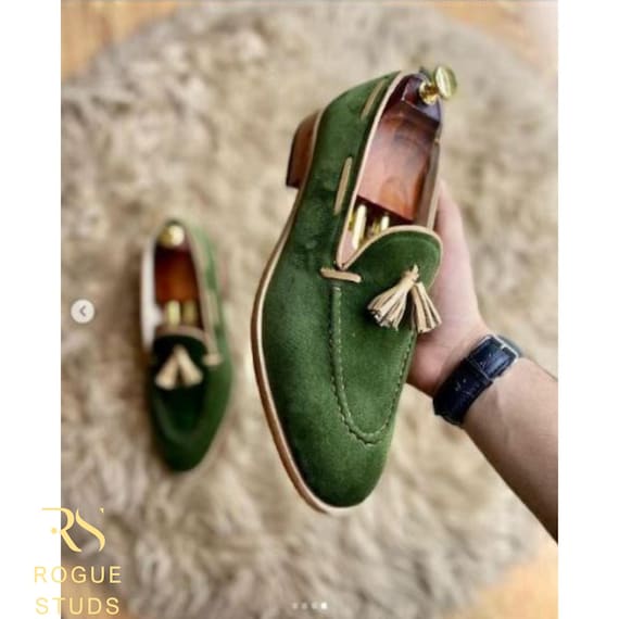 Rogue Studs Mens Suede Slip-On Loafers | Casual Green Dress Shoe with Tassels For Wedding and Party Wear | Men Handmade Suede Shoes