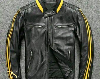 Chaqueta de cuero a rayas negras y amarillas con tachuelas Rogue para hombre / Chaqueta de motociclista retro / Chaqueta de carreras de cuero genuino hecha a mano