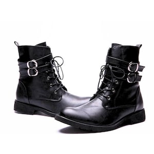 Rogue Studs Leather Boots for Men, Ankle Combat Military Boots, Formal Dress Boots Men Black Round toe Casual Party Buckles riding boots