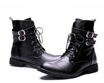 Rogue Studs Mens Black Leather Combat Boots | Handmade Ankle Boots in Military Style For Motorcycle Riding Traveling Street Fashion
