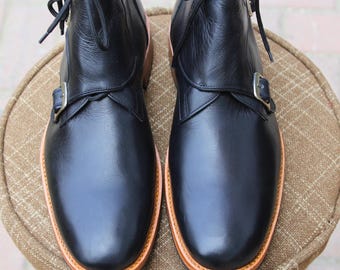 Botas de combate con hebillas de cuero negro Rogue Studs: botines militares con cordones para hombre.