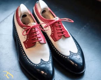 Richelieus richelieus bicolores faits main Rogue Studs pour hommes | Chaussures habillées en cuir noires blanches rouges | Chaussures habillées Wingtip vintage