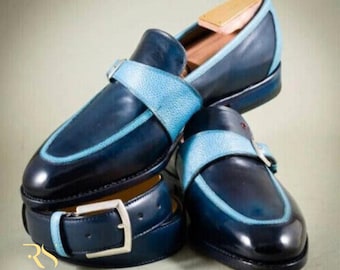 Rogue Studs Leather Shoes for Men Buckle Dress Shoes Mens Blue Formal Shoes Wedding Party Shoes Premium Leather Monk Strap Casual Shoes