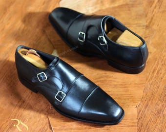 Rogue Studs Leather Shoes for Men, Dress Monk Shoes Mens Blue Formal Shoes Wedding Party Shoes Premium Leather Monk Buckles Casual Shoes