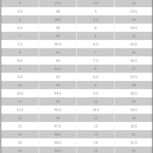 May include: A shoe size conversion chart titled "RogueStuds Men Shoe Size Chart". The chart lists US, EU, UK, and CM sizes. US sizes range from 5 to 18. CM sizes range from 23 cm to 33 cm.