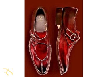 Rogue Studs Handmade Burgundy Leather Monk Strap Shoes for Men | Genuine Leather Dress Shoe