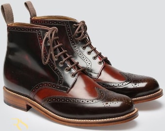 Rogue Studs Handmade Men’s Burgundy Wingtip Brogue Boots | Genuine Leather Ankle Dress Boots | Vintage Lace-Up Boots for Men