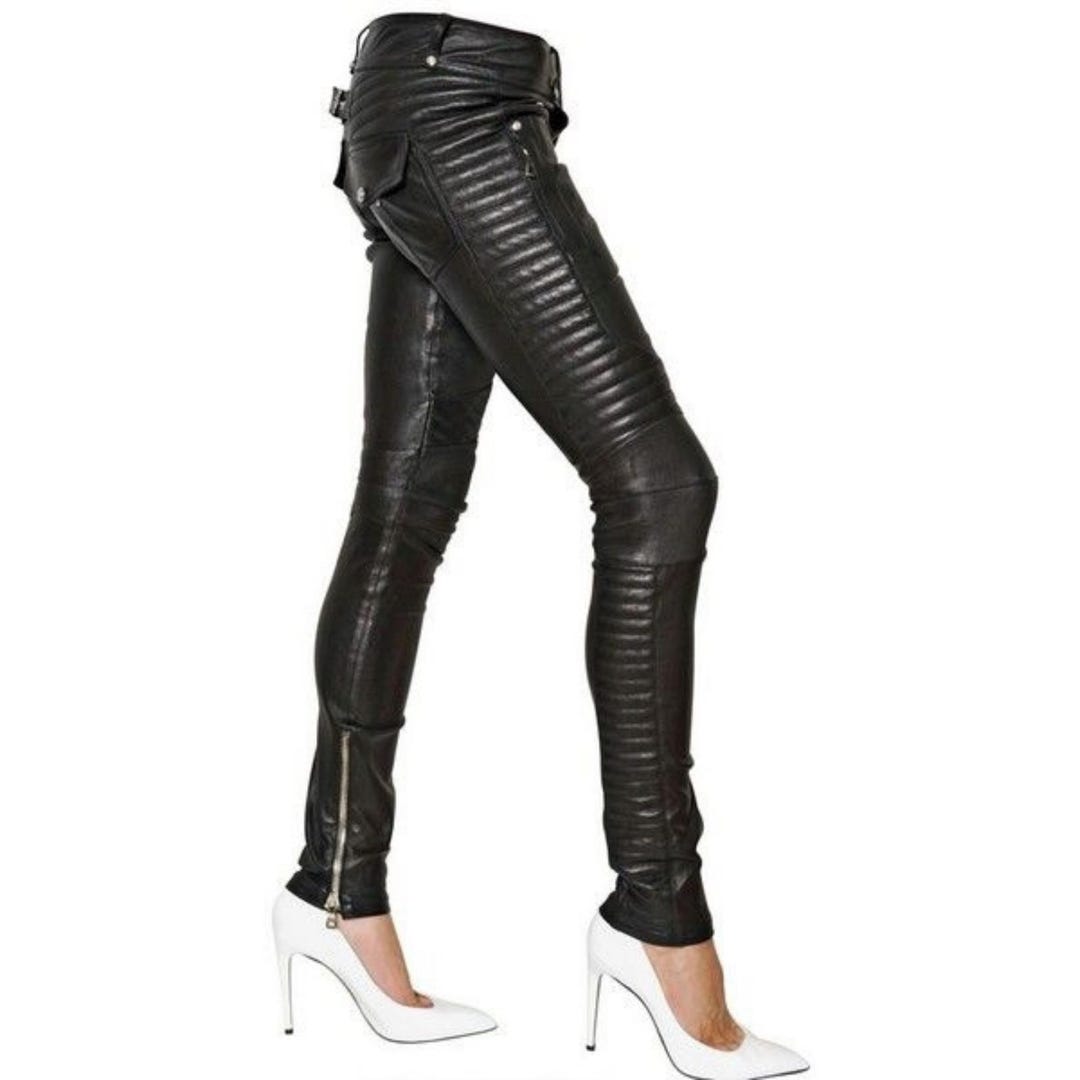 Rogue Studs High Waist Leather Jeggings | Slim Fit Stretch Leggings with Quilted Panels Party & Casual Wear | Women Black Leather Jeans