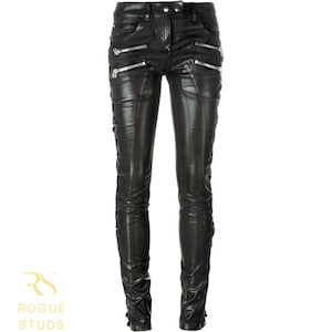 Rogue Studs Leather Zipper Jeggings | High Waist Stretch Leggings - Stylish Party & Casual Street Wear | Handmade Leather Pants Trousers