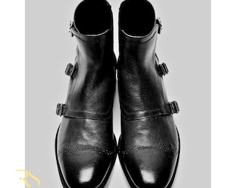 Stivali da uomo Rogue Studs fatti a mano con cinturino triplo nero / Stivaletti eleganti in vera pelle / Stivali formali brogue classici