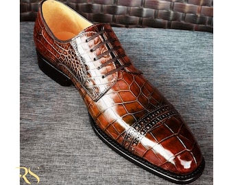 Rogue Studs Handmade Croc Embossed Leather Oxford Shoes for Men • Luxury Formal Dress Shoe • Glossy Patina Wedding Shoes • Men’s Oxfords